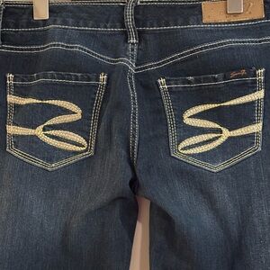 Seven7| Y2K Gold & Rhinestone Dark Denim Dark Blue Stretch Leggings Jeans Sz 29
